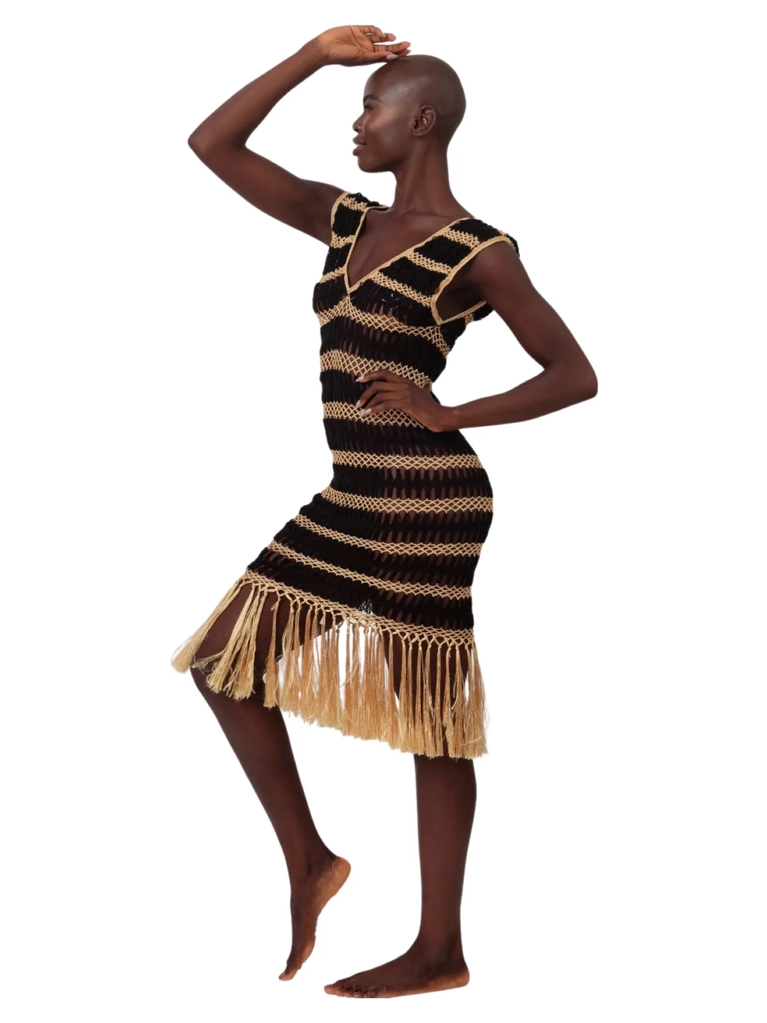 Black and Gold Crochet Fringe Dress