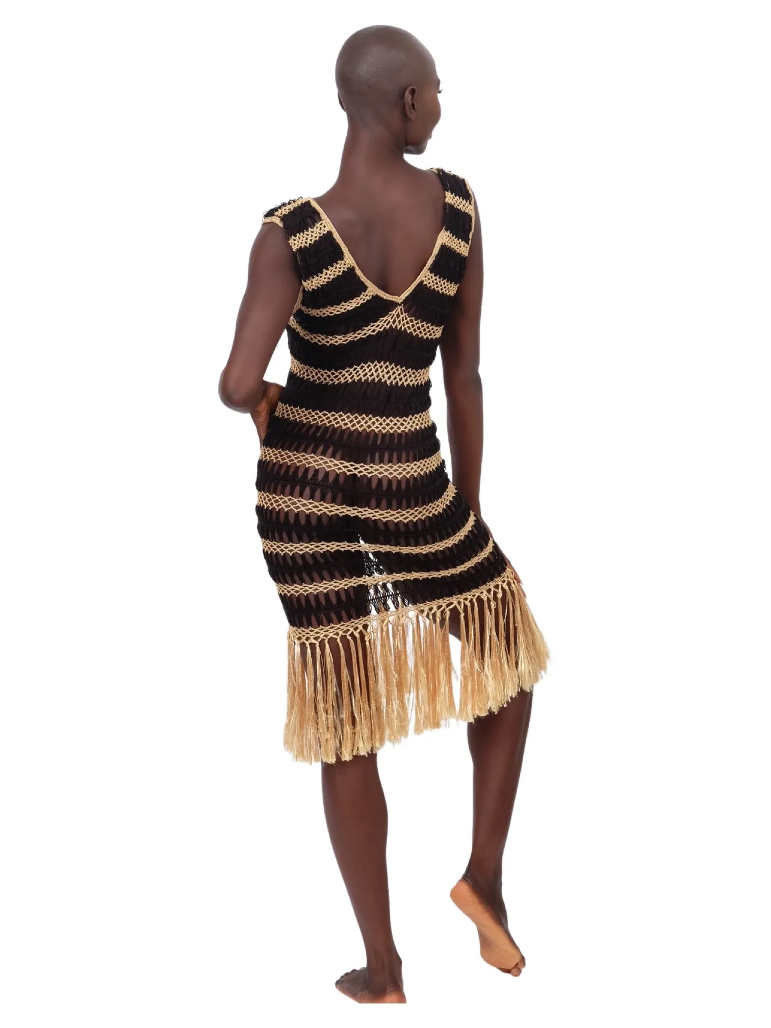 Black and Gold Crochet Fringe Dress