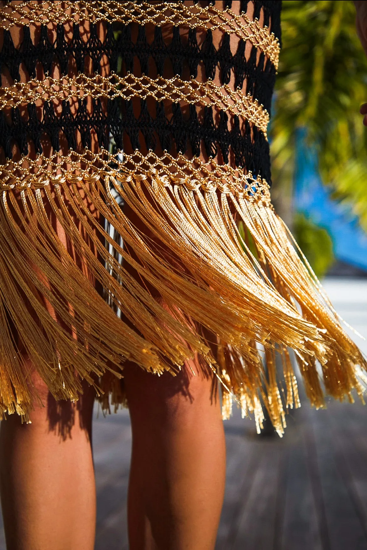 Black and Gold Crochet Fringe Dress