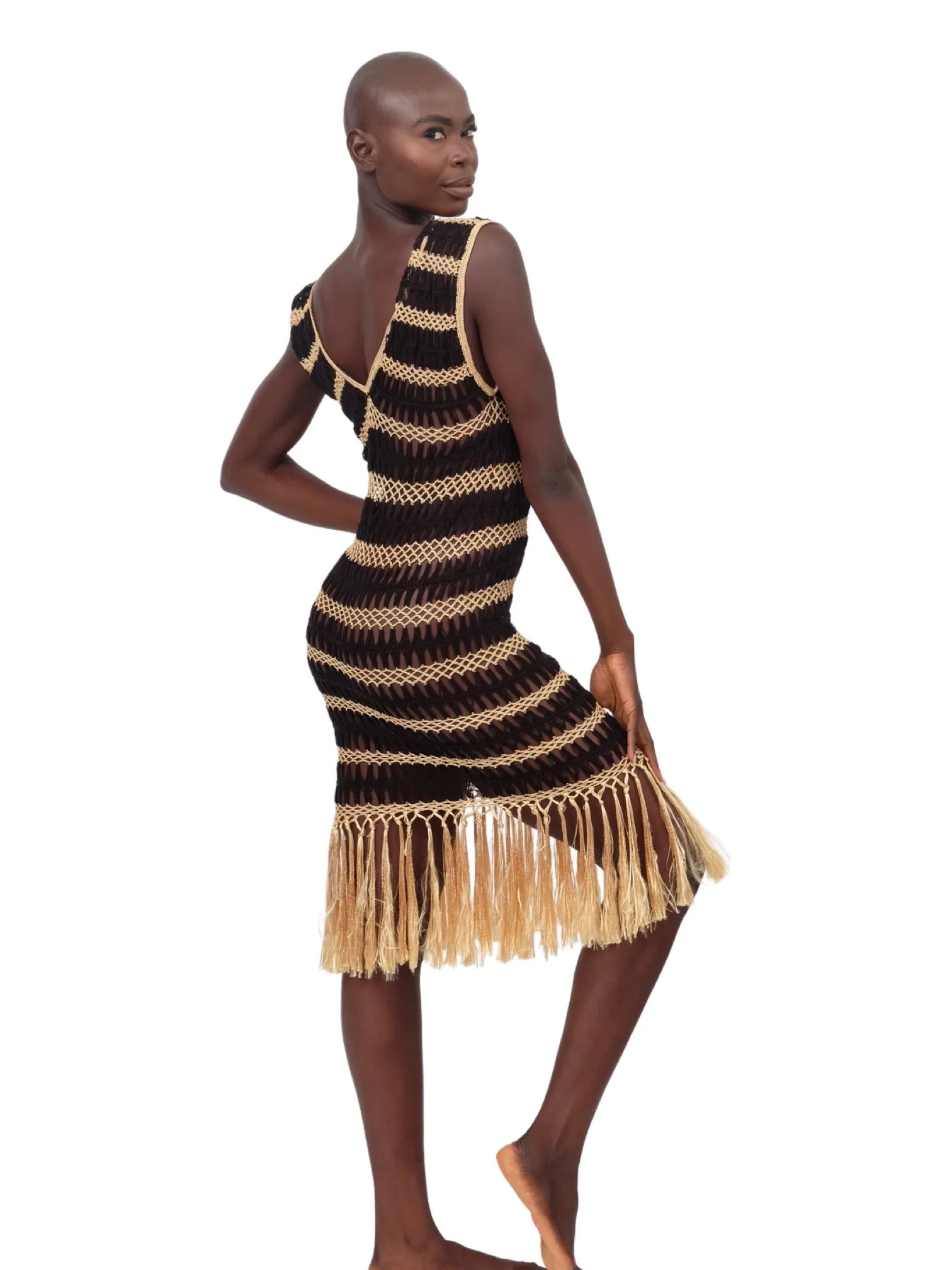 Black and Gold Crochet Fringe Dress