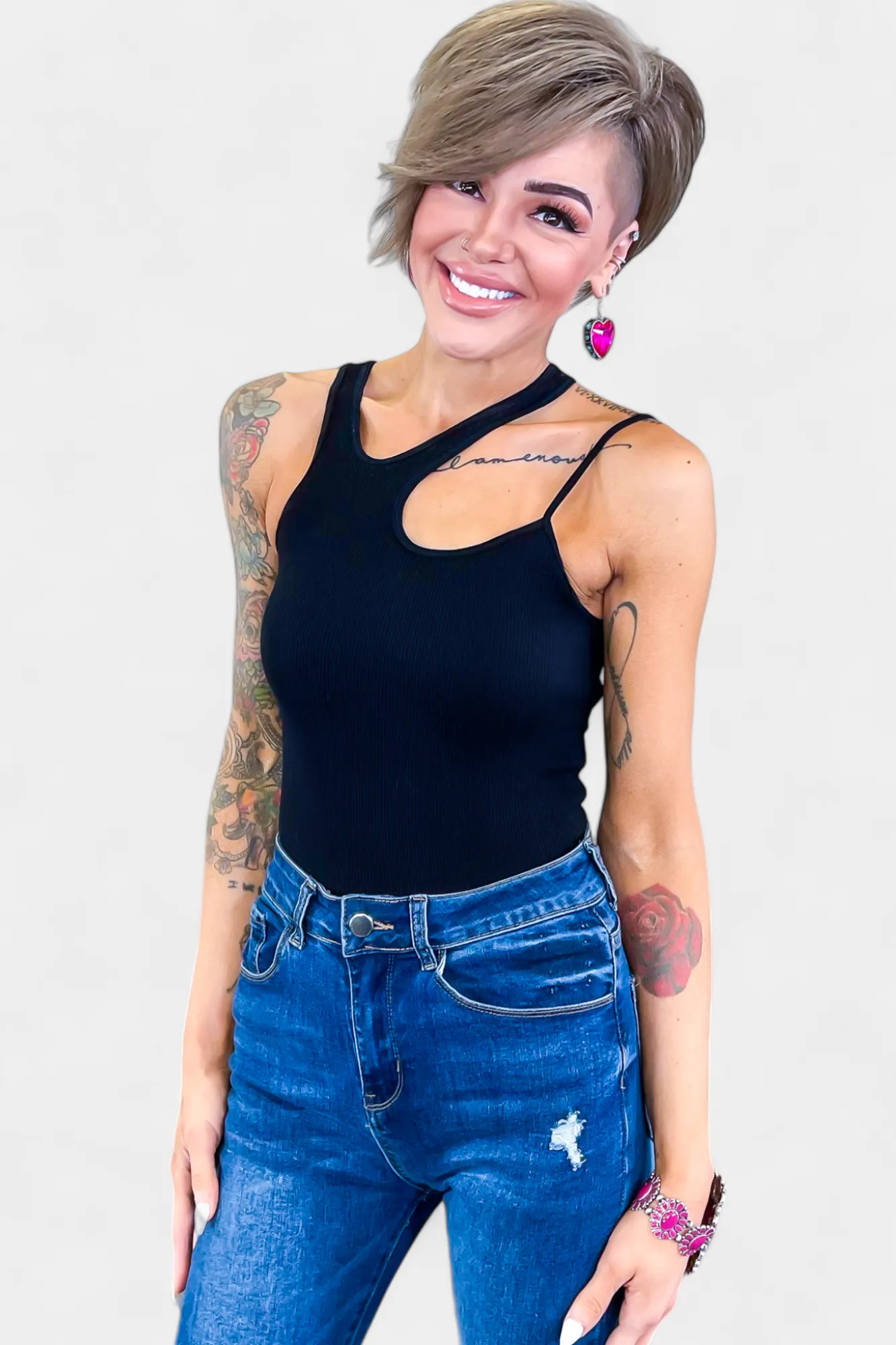 Black Asymmetric Ribbed Bodysuit