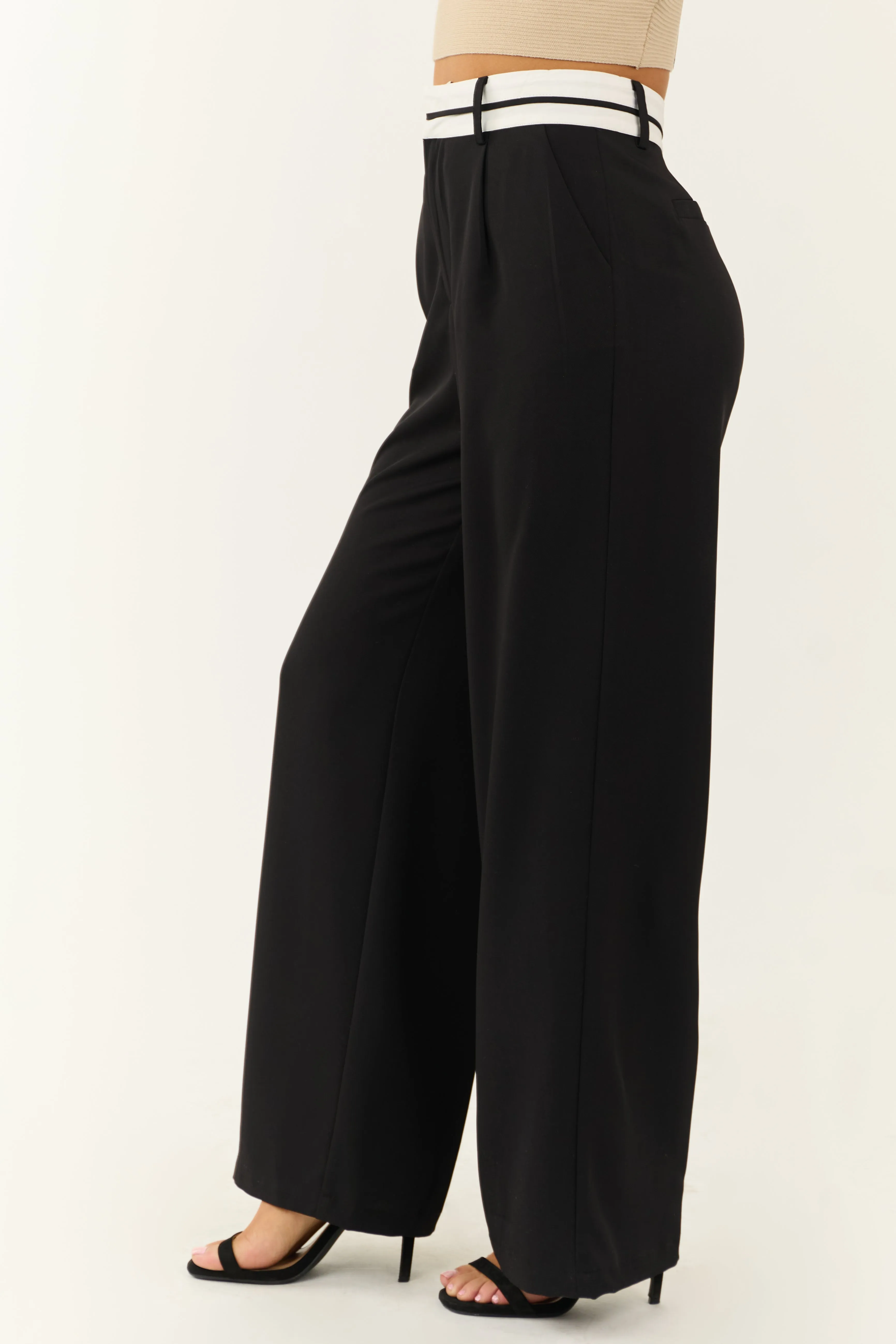 Black Contrast Waistband Wide Leg Pants