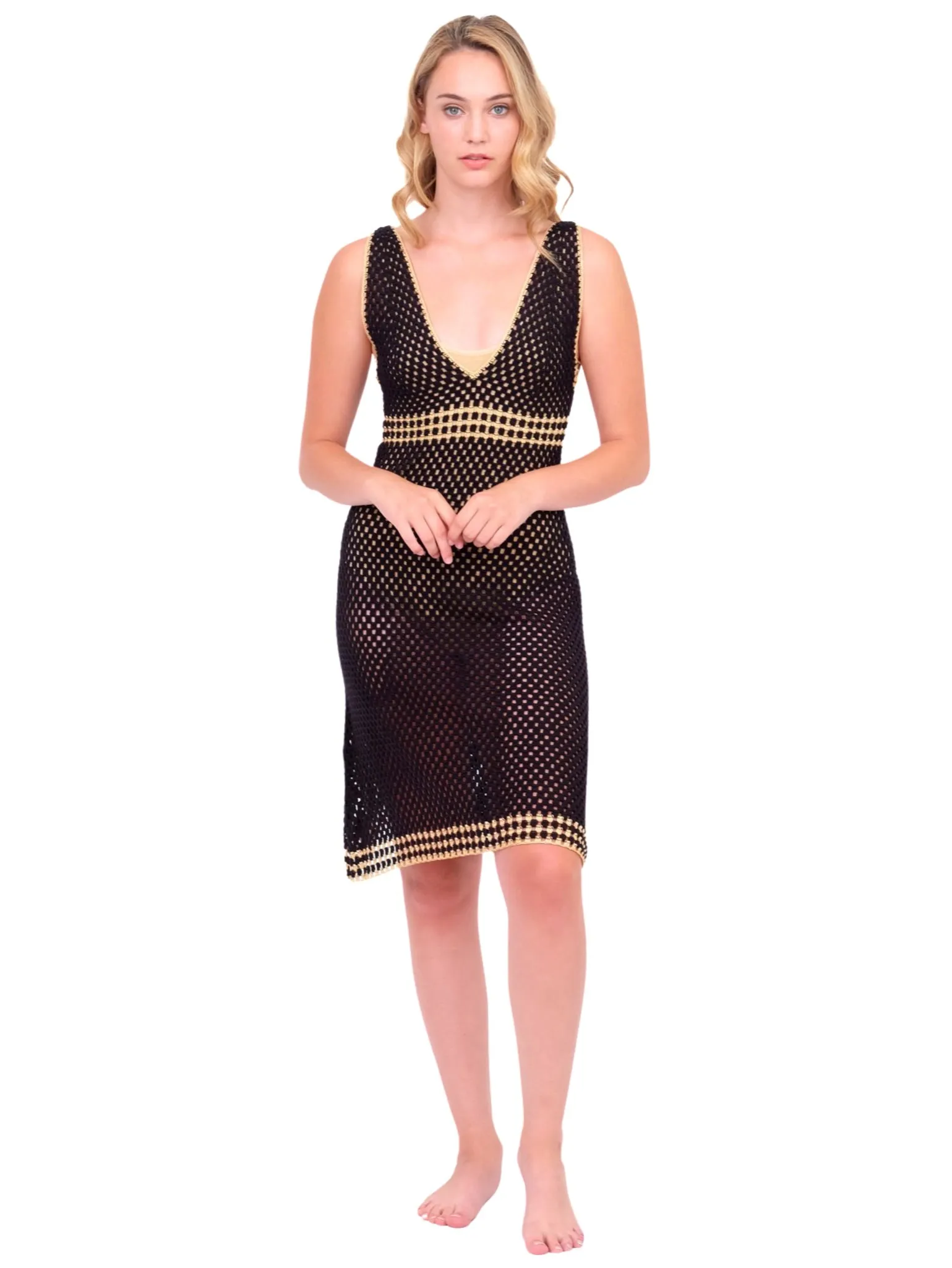 Black Crochet Dress with Gold Details