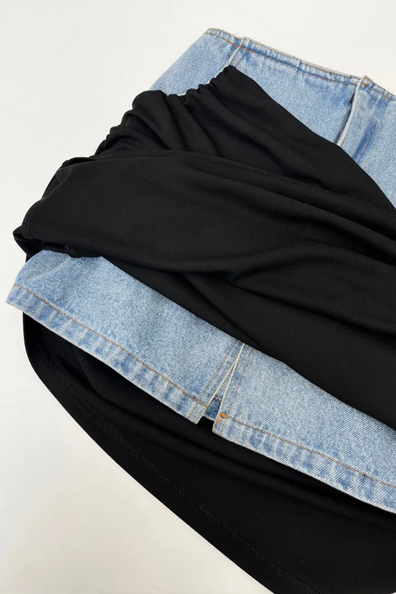 Black Denim Patchwork Pleated Maxi Skirt