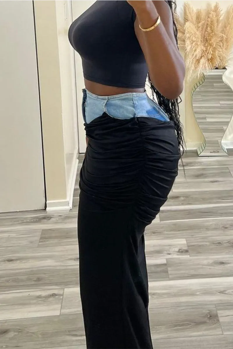 Black Denim Patchwork Pleated Maxi Skirt