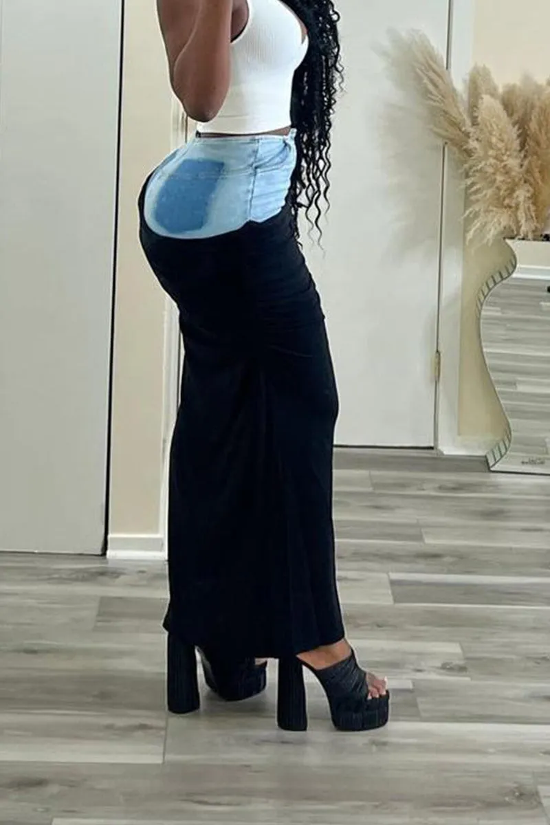 Black Denim Patchwork Pleated Maxi Skirt