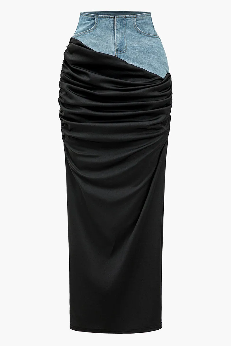 Black Denim Patchwork Pleated Maxi Skirt