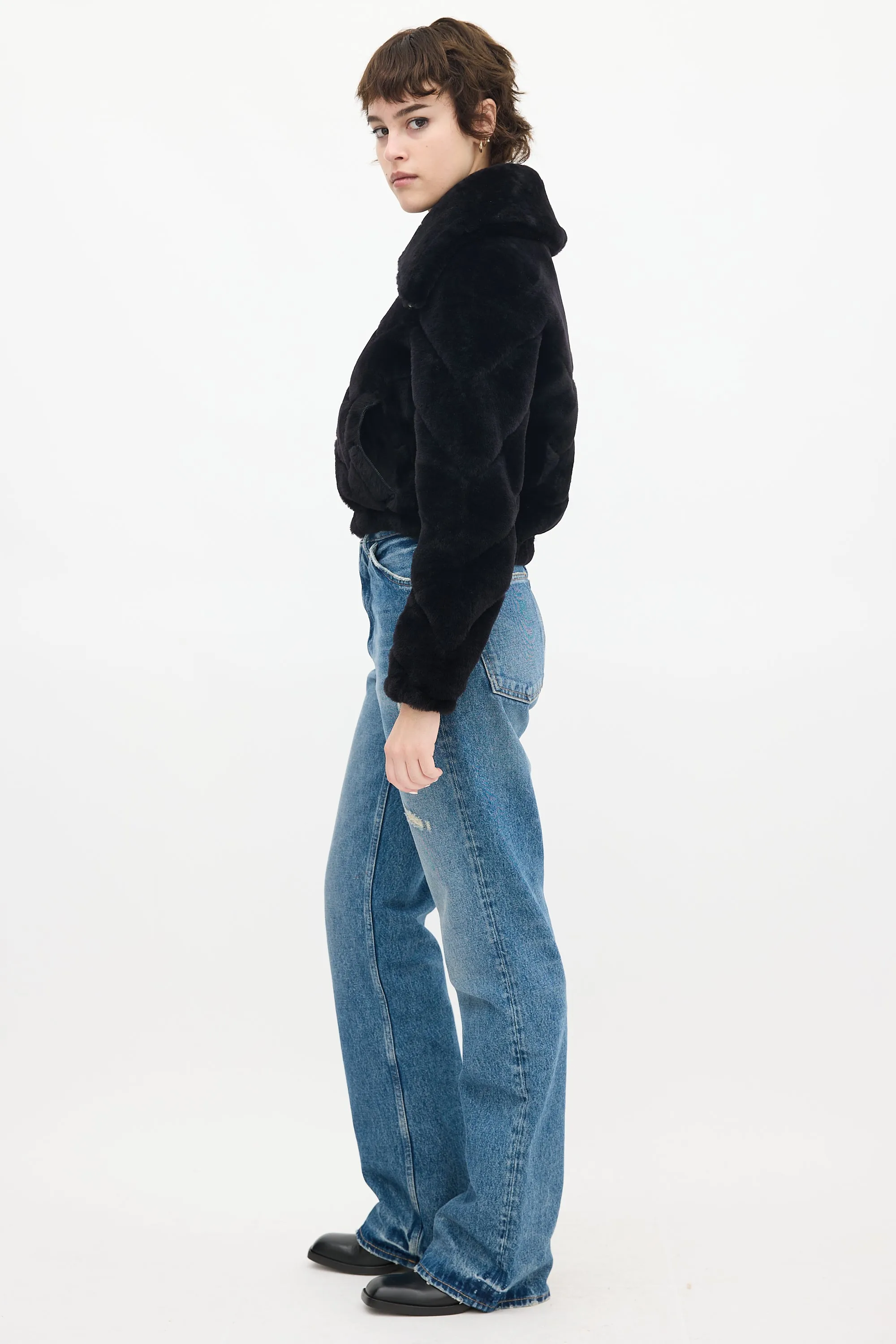 Black Faux Fur Adley Chevron Cropped Jacket