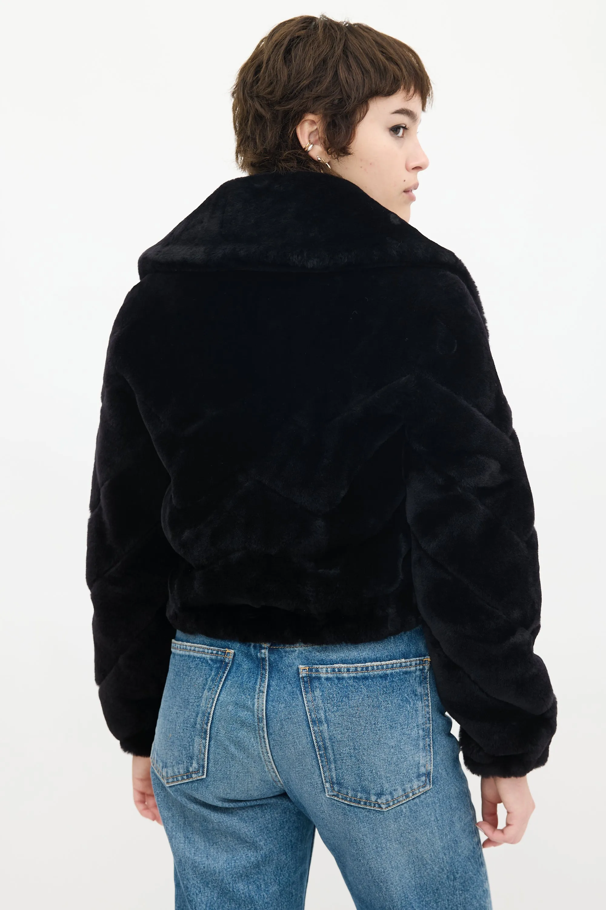 Black Faux Fur Adley Chevron Cropped Jacket