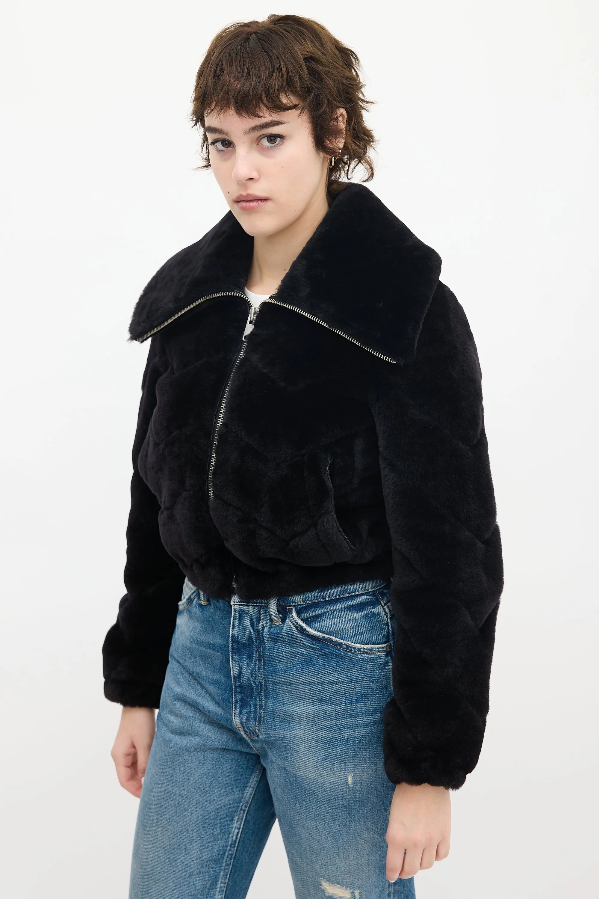 Black Faux Fur Adley Chevron Cropped Jacket