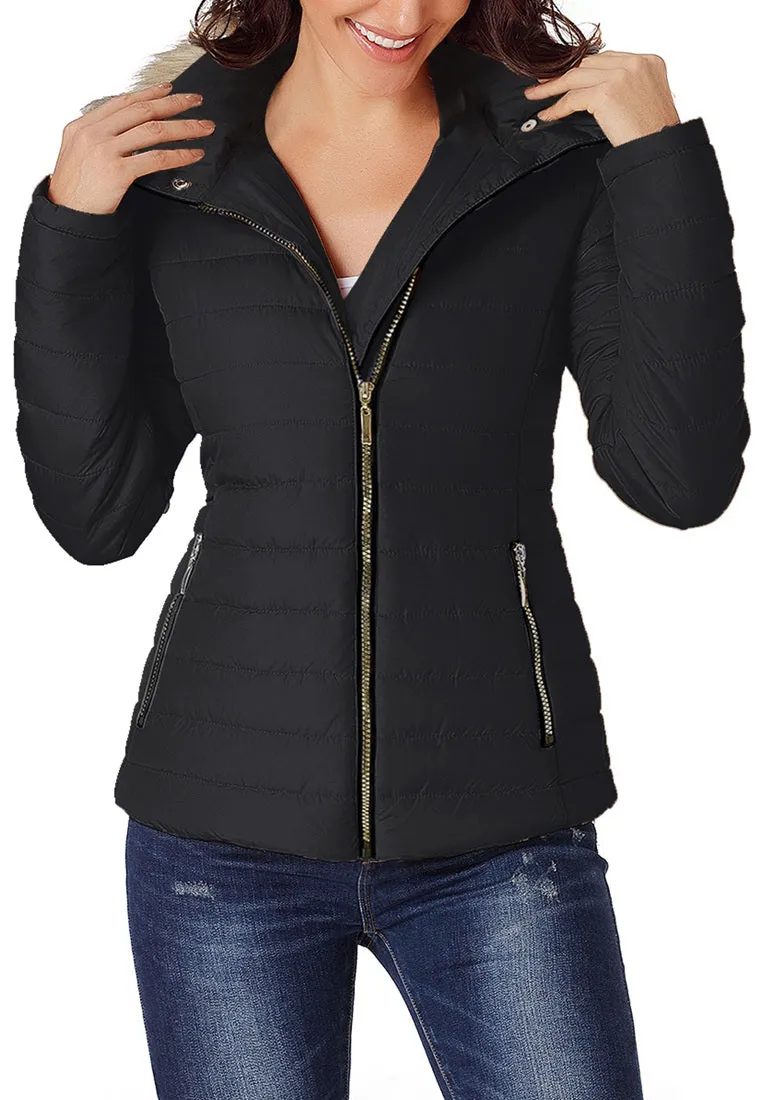 Black Faux Fur Collar Zip Up Quilted Jacket