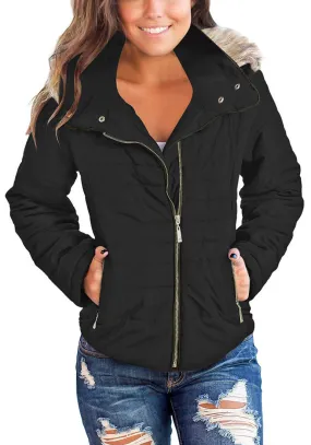 Black Faux Fur Collar Zip Up Quilted Jacket