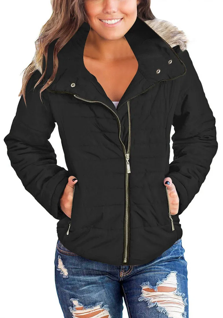 Black Faux Fur Collar Zip Up Quilted Jacket