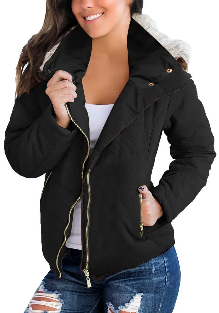 Black Faux Fur Collar Zip Up Quilted Jacket