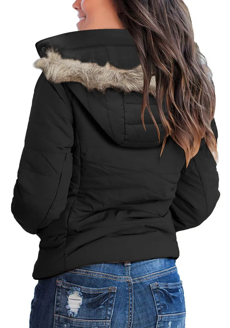 Black Faux Fur Collar Zip Up Quilted Jacket
