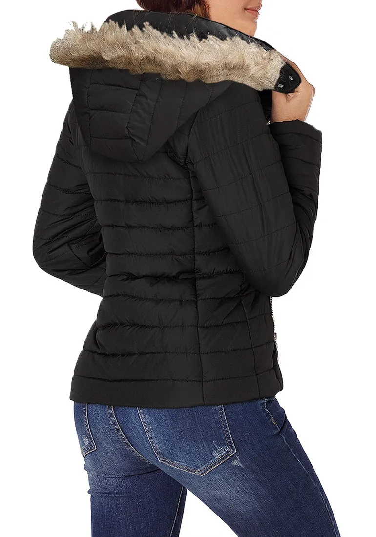 Black Faux Fur Collar Zip Up Quilted Jacket