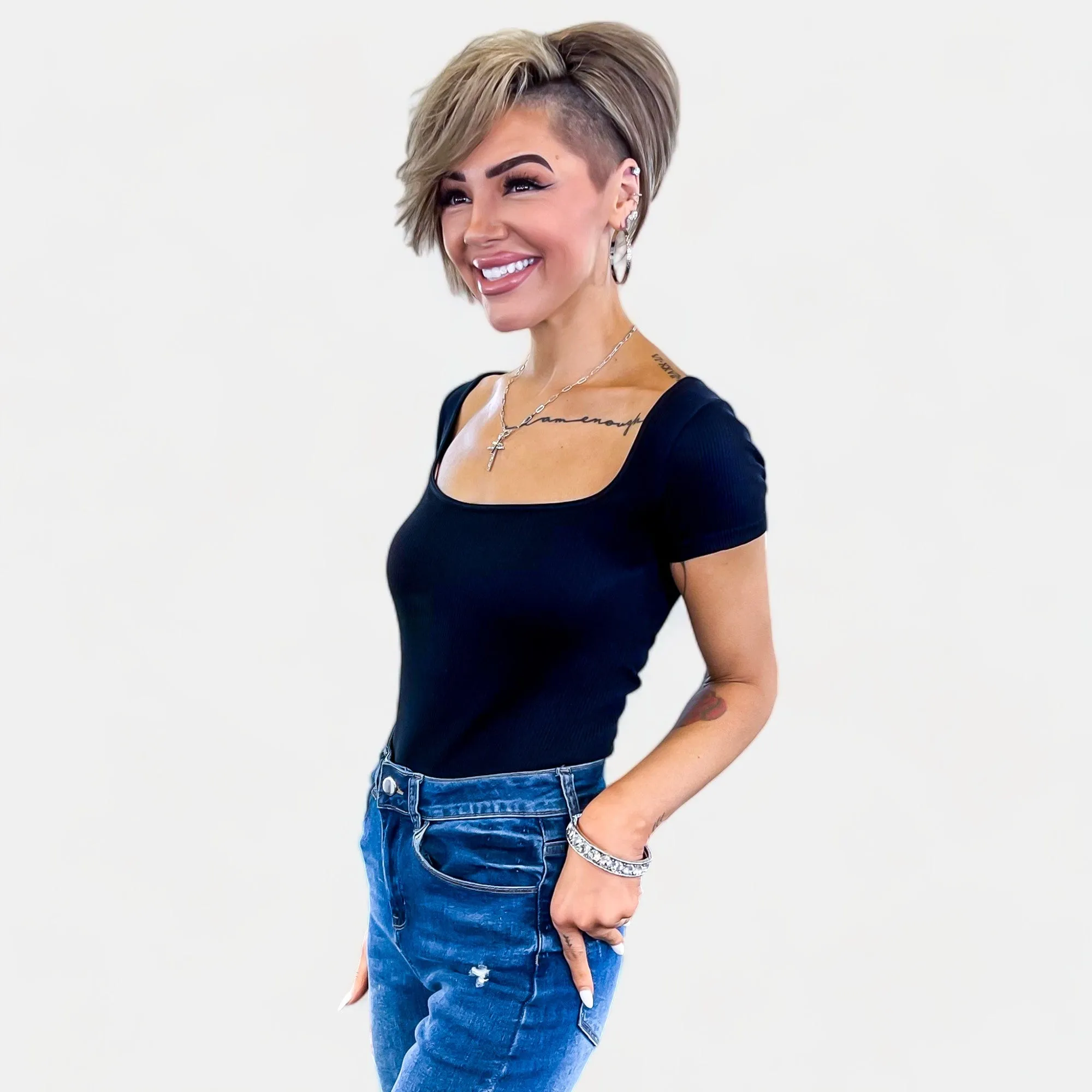 Black Ribbed Square Neck Bodysuit