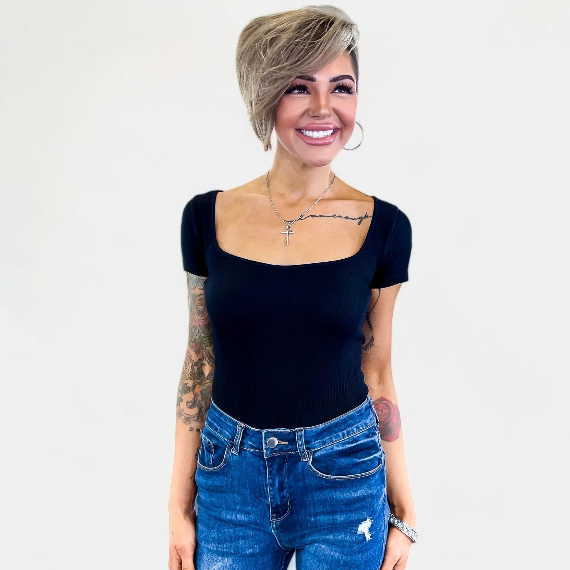 Black Ribbed Square Neck Bodysuit