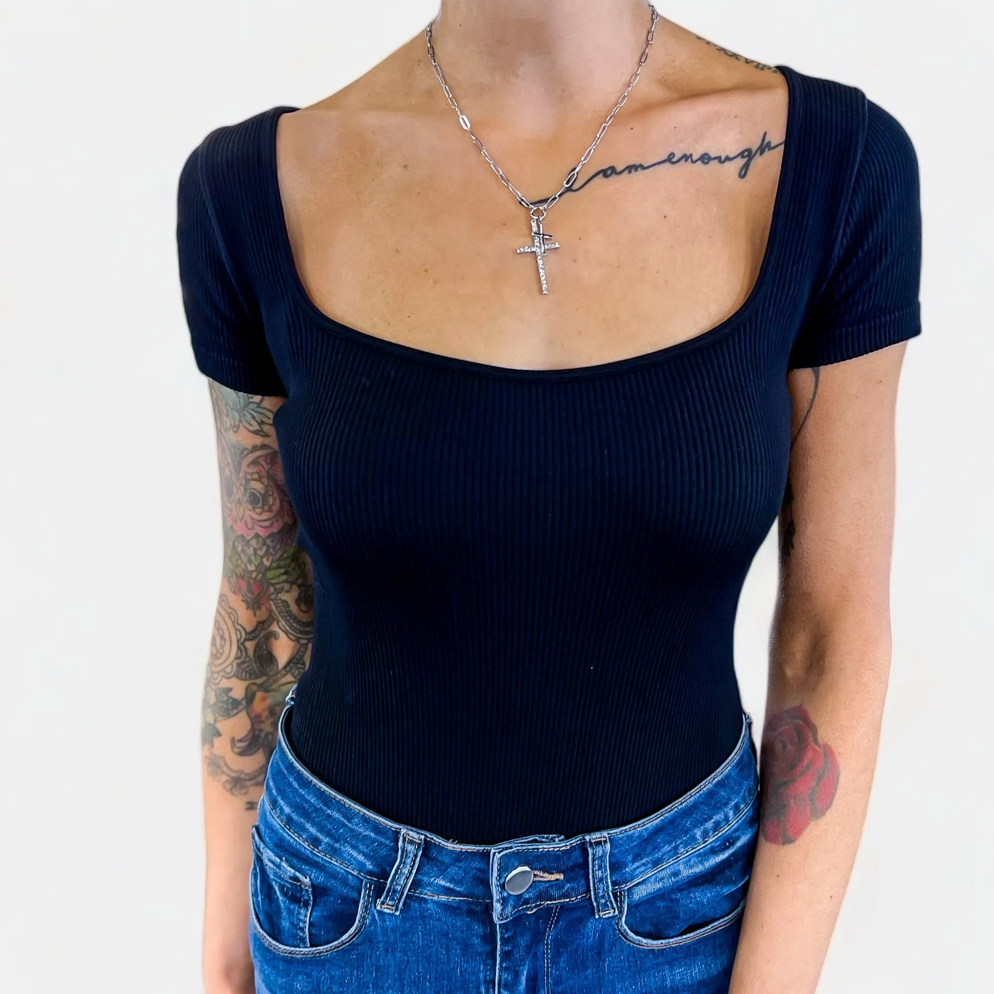 Black Ribbed Square Neck Bodysuit