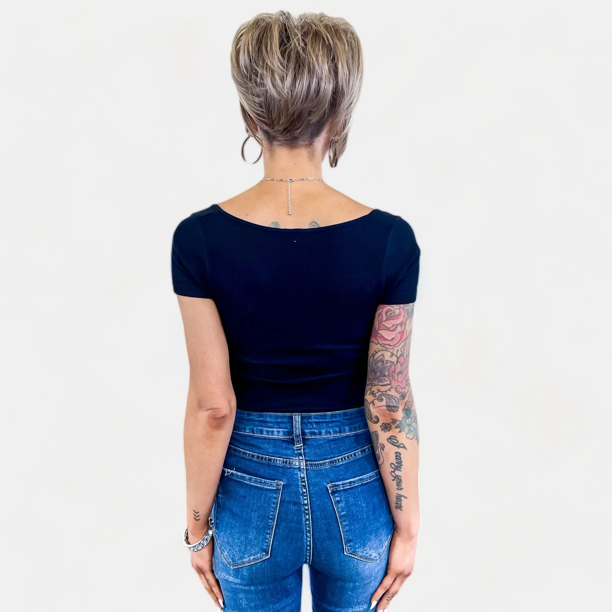 Black Ribbed Square Neck Bodysuit