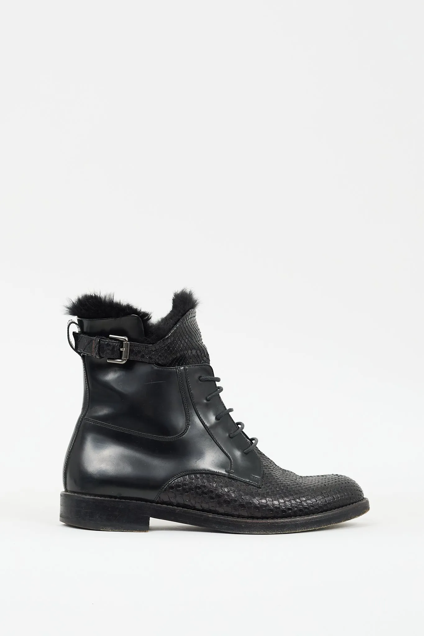 Black Textured Leather Combat Boot