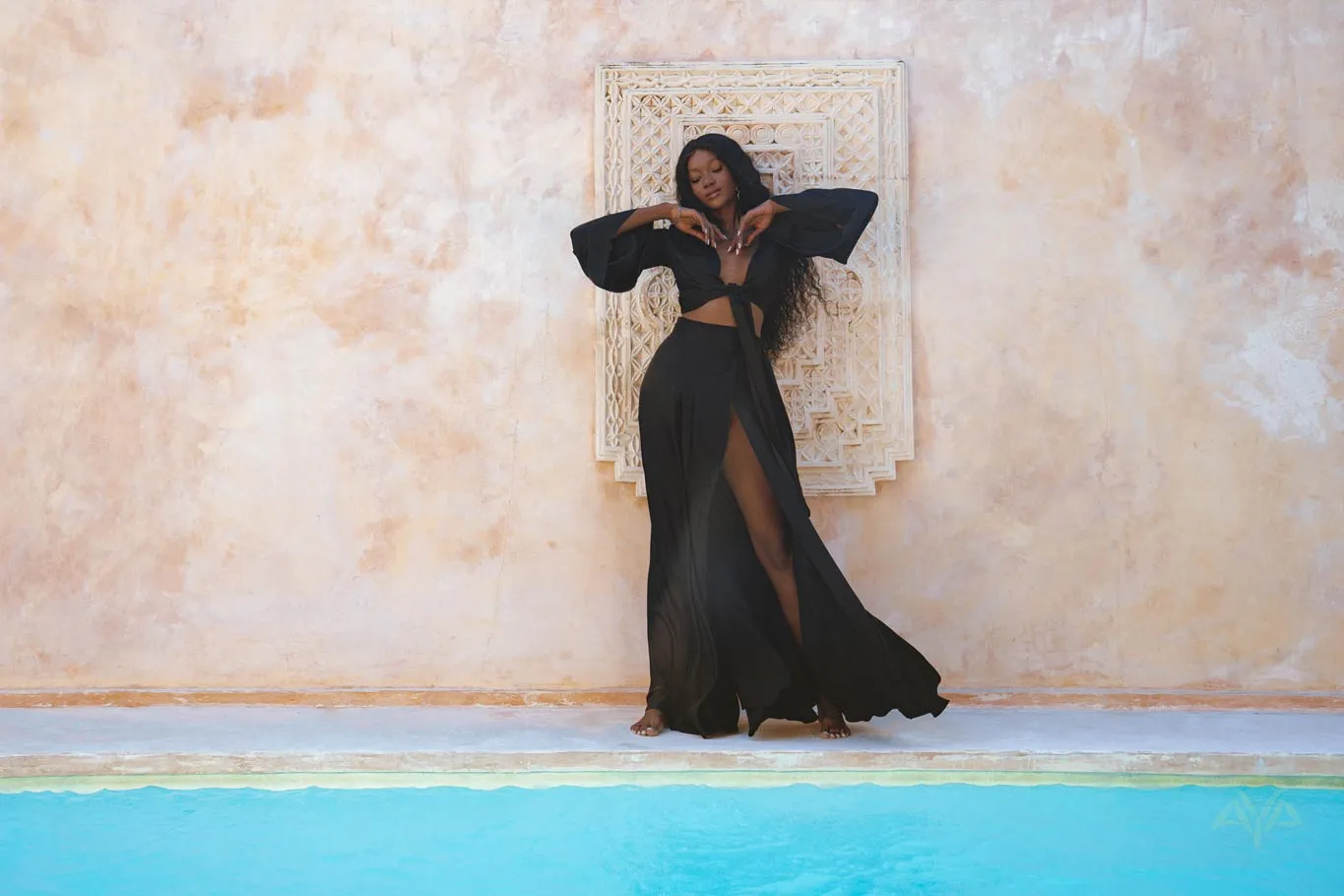Black Venus Peace Silk Blouse • Elegant Goddess Sleeves Crop Top • Adjustable Wrap Top