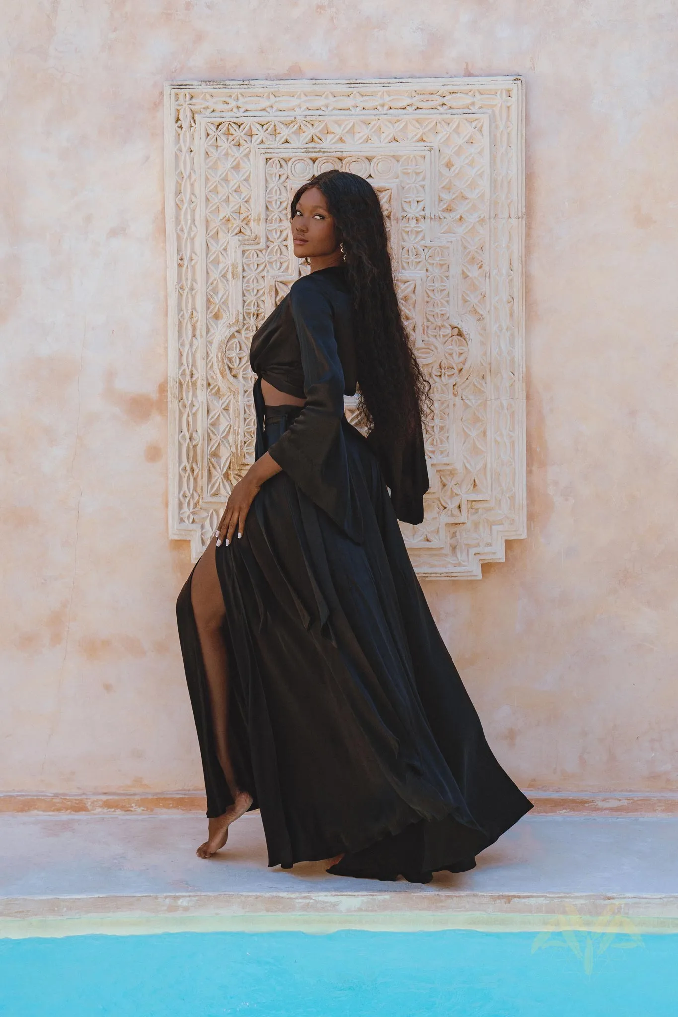 Black Venus Peace Silk Blouse • Elegant Goddess Sleeves Crop Top • Adjustable Wrap Top