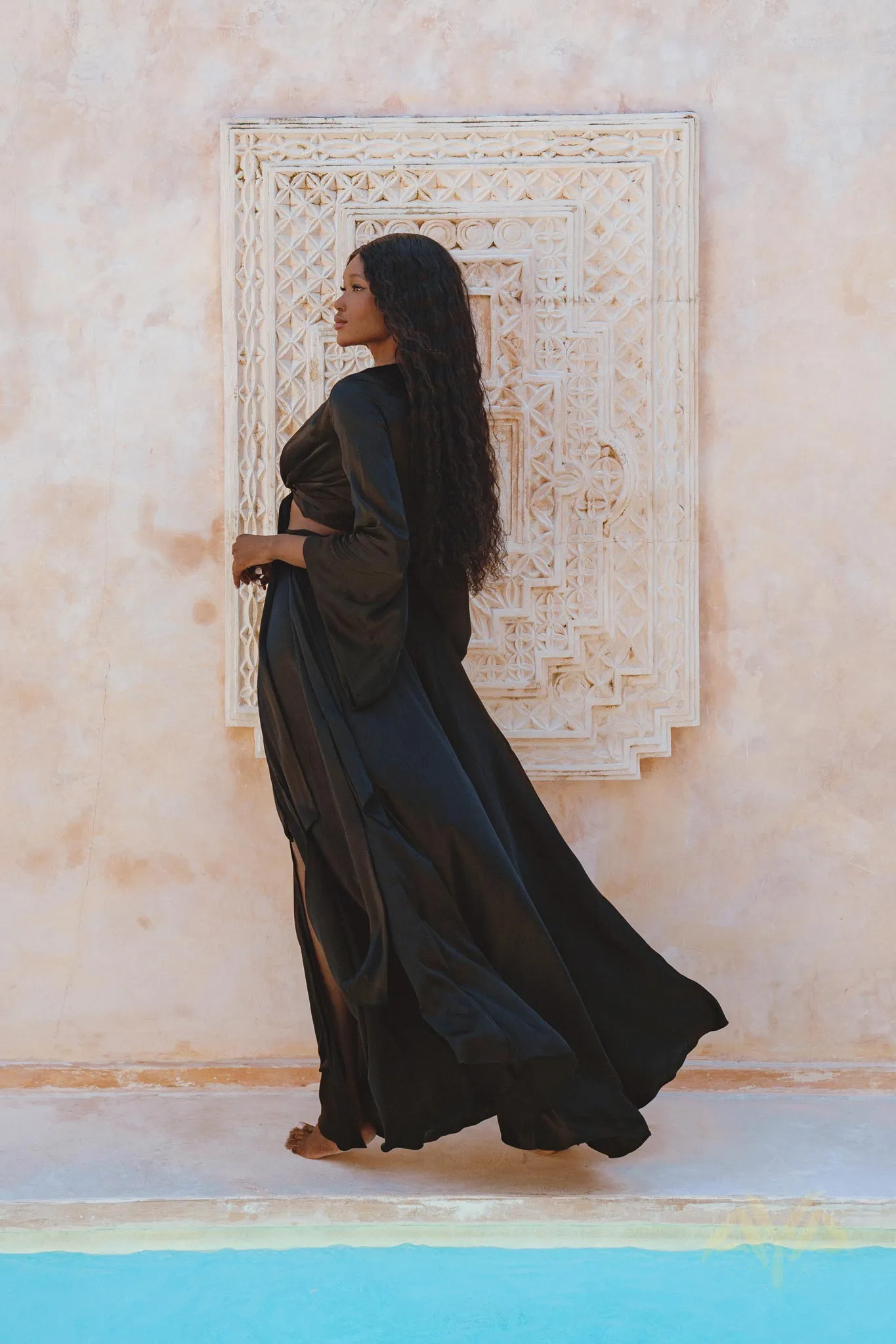 Black Venus Peace Silk Blouse • Elegant Goddess Sleeves Crop Top • Adjustable Wrap Top