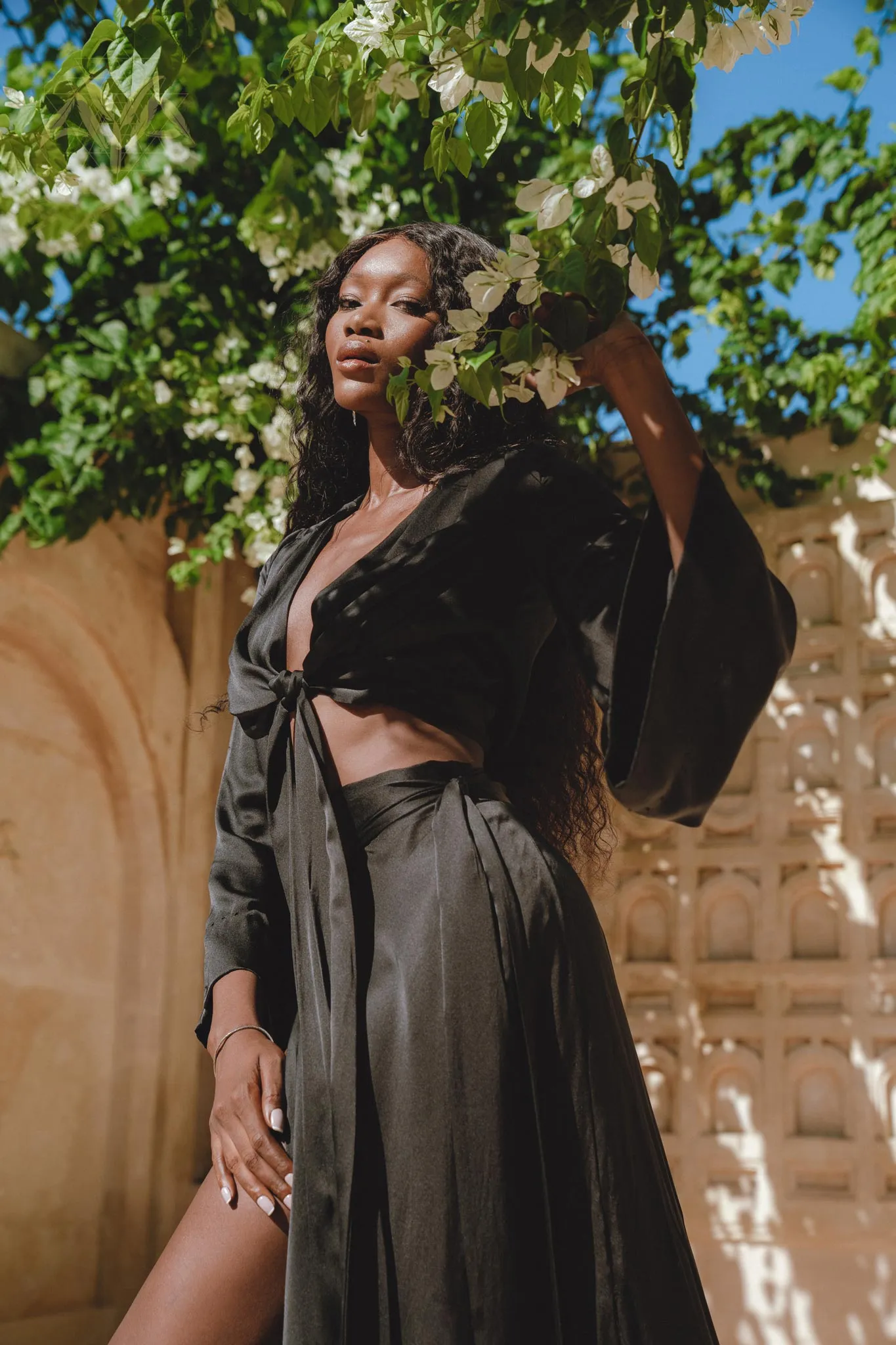 Black Venus Peace Silk Blouse • Elegant Goddess Sleeves Crop Top • Adjustable Wrap Top