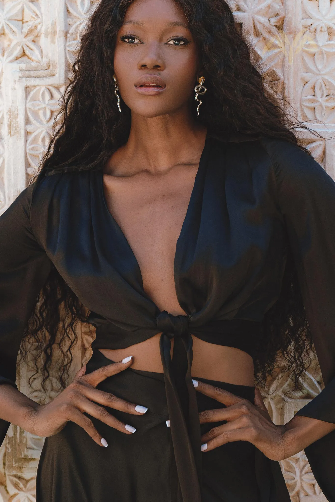 Black Venus Peace Silk Blouse • Elegant Goddess Sleeves Crop Top • Adjustable Wrap Top