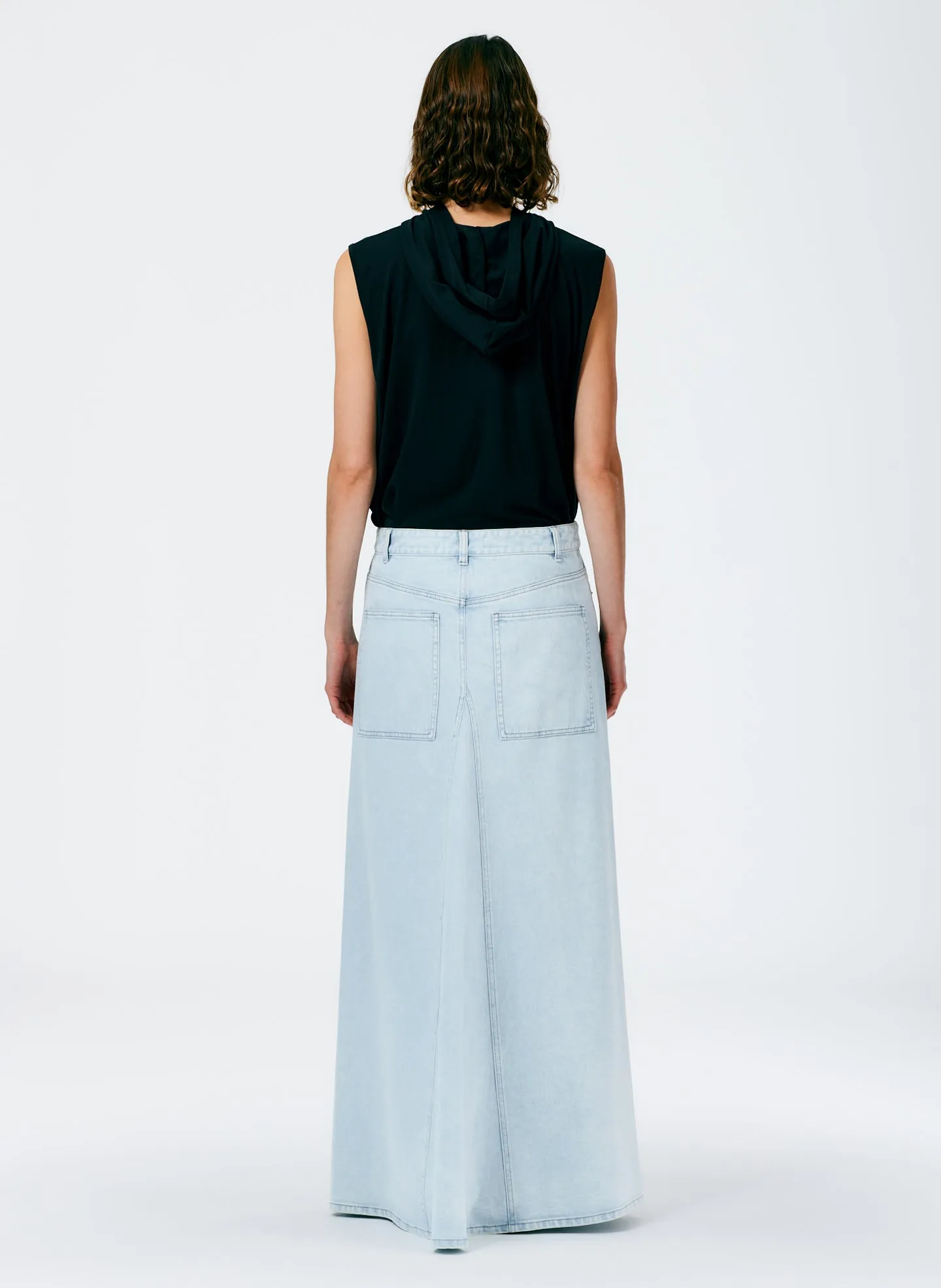 Bleached Denim Godet Maxi Skirt