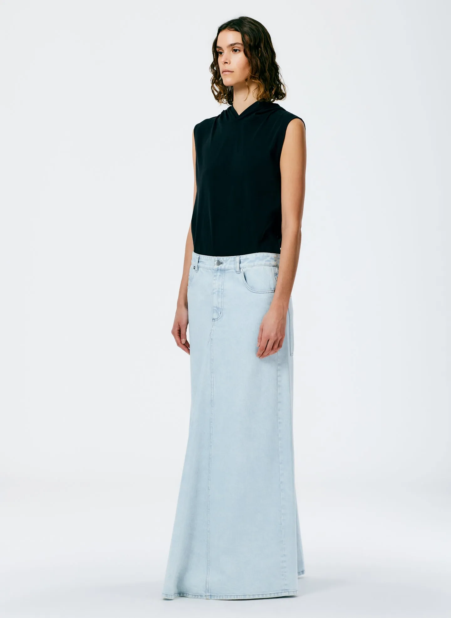 Bleached Denim Godet Maxi Skirt