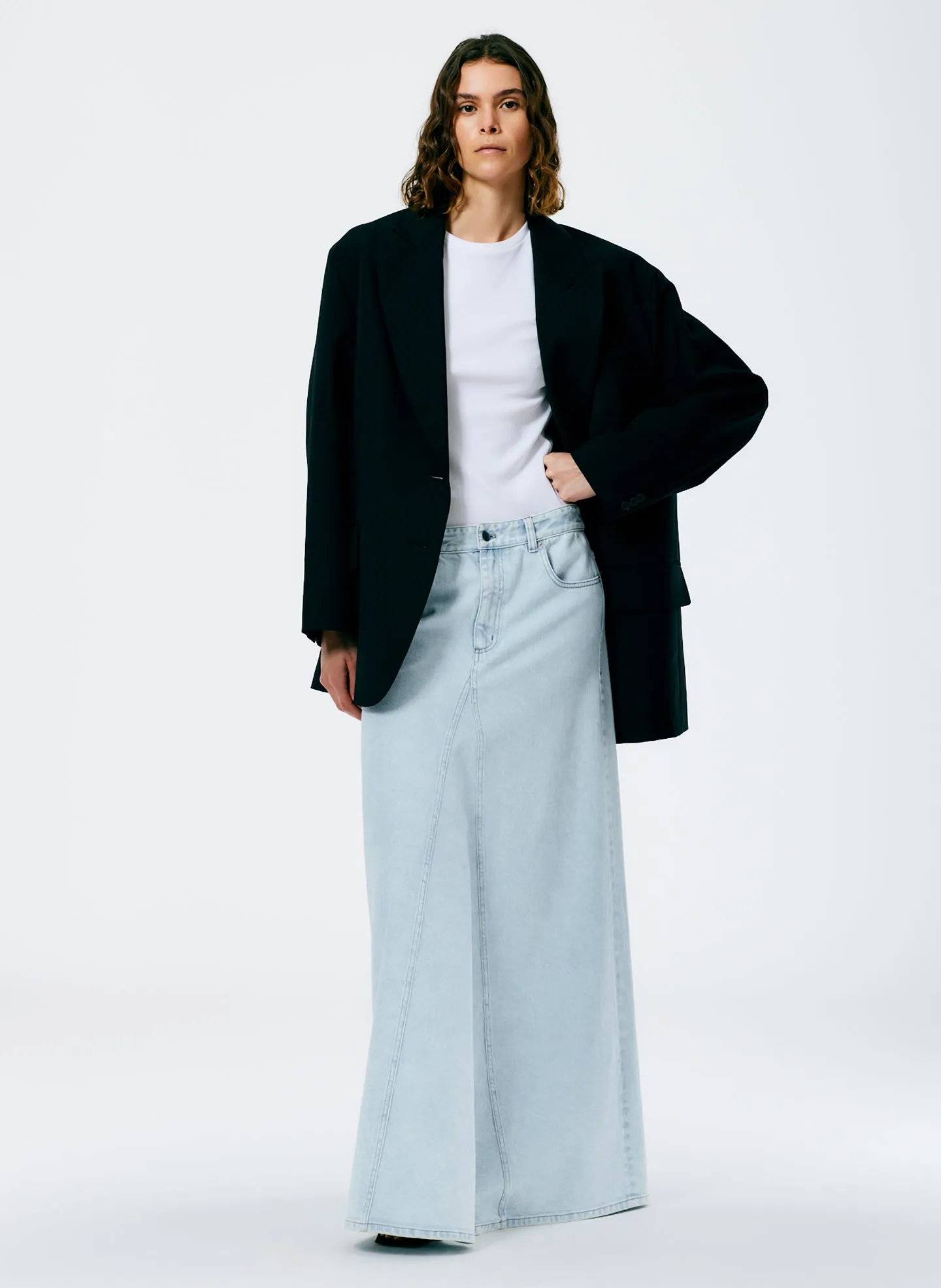 Bleached Denim Godet Maxi Skirt