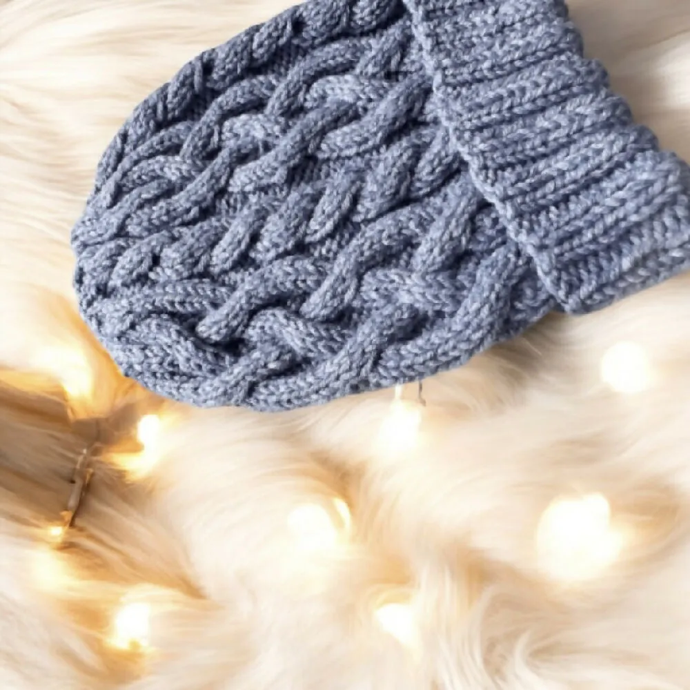 Blue Cable hand knit Beanie with Denim Effect.