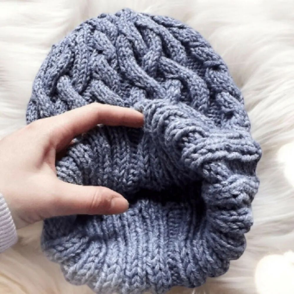 Blue Cable hand knit Beanie with Denim Effect.