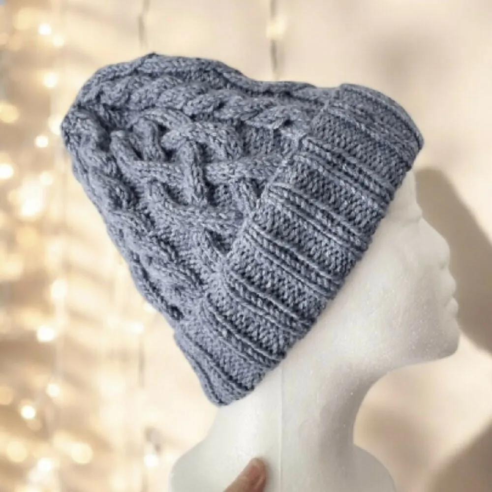 Blue Cable hand knit Beanie with Denim Effect.