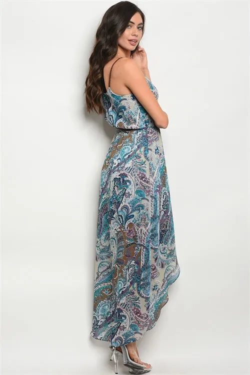 Blue Paisley Print High Low Maxi Dress