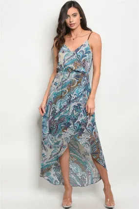Blue Paisley Print High Low Maxi Dress