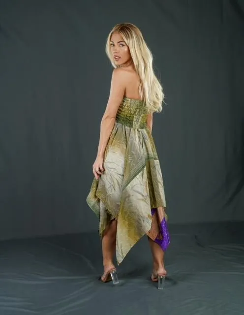 Boho Festival Silk Strapless Sage Green Dress Convertible to Skirt