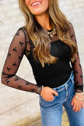 Bow Pattern Accent Mesh Long Sleeve Top