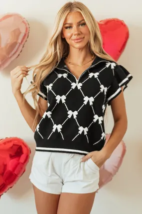 Bow Print Zipped Collar Sweater Tee