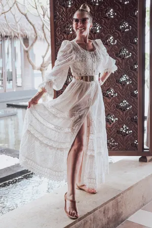 Button Up White Lace Maxi Dress