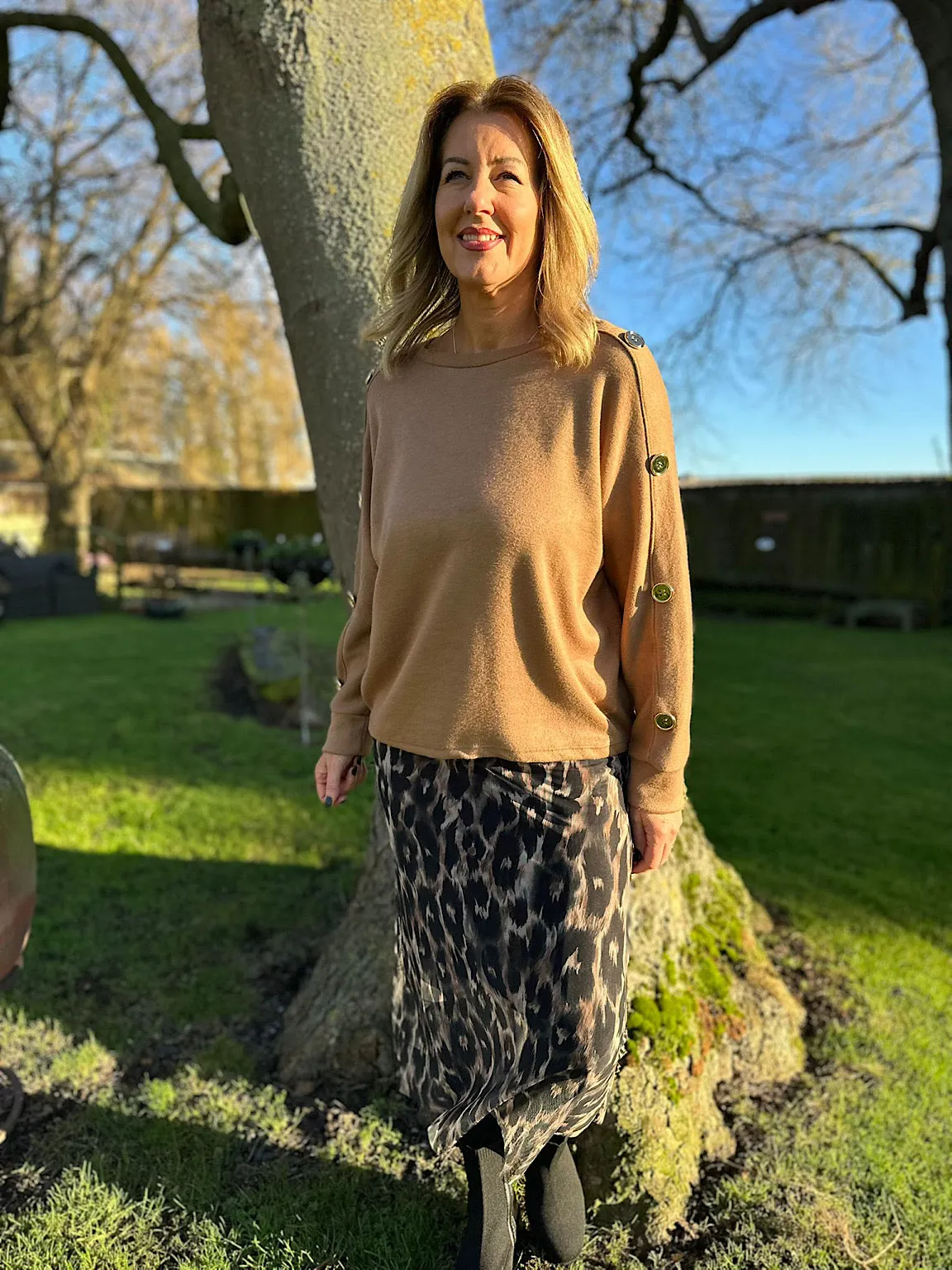 Camel Gold Button Detail Jumper Matilda