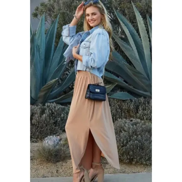 Camel Smocked Waist Side Slit Pocket Maxi Skirt Casual Womens