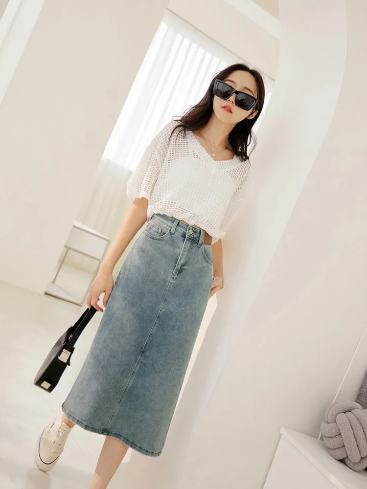 Casual Blue Washed Denim Long Maxi Slit Skirt