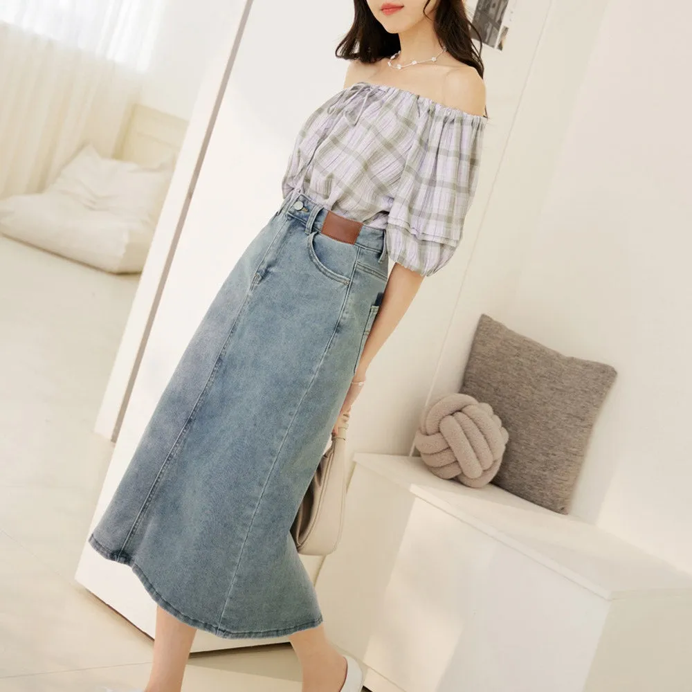 Casual Blue Washed Denim Long Maxi Slit Skirt