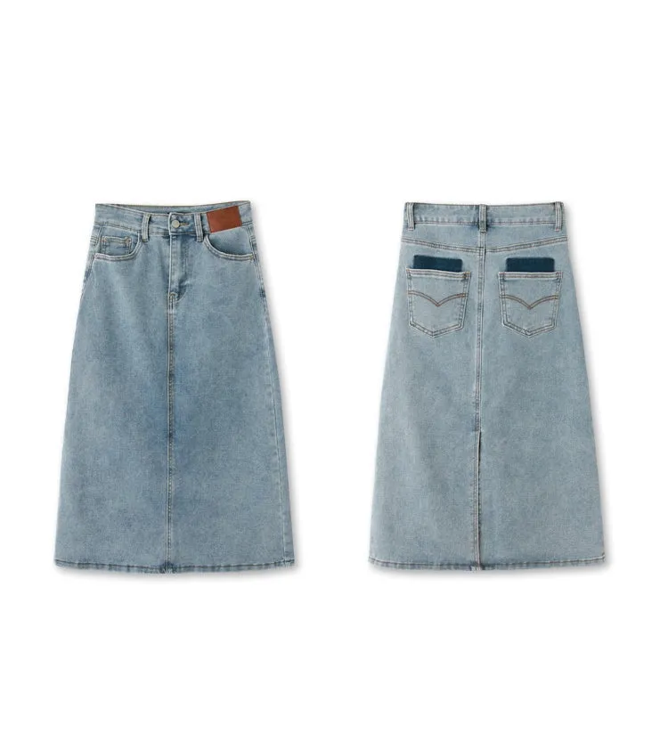 Casual Blue Washed Denim Long Maxi Slit Skirt