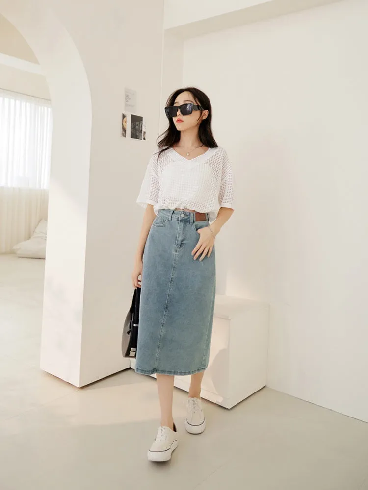 Casual Blue Washed Denim Long Maxi Slit Skirt
