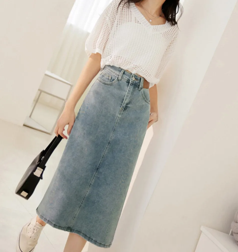 Casual Blue Washed Denim Long Maxi Slit Skirt