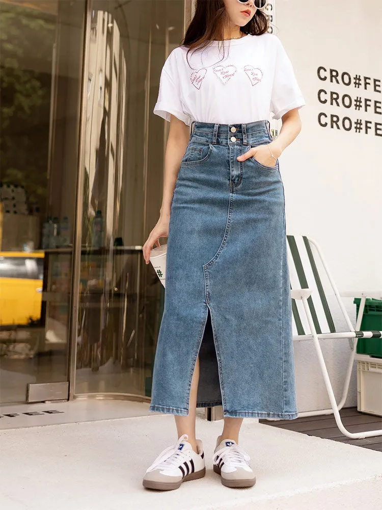 Casual Slimming Denim Long Maxi Slit Open Skirt